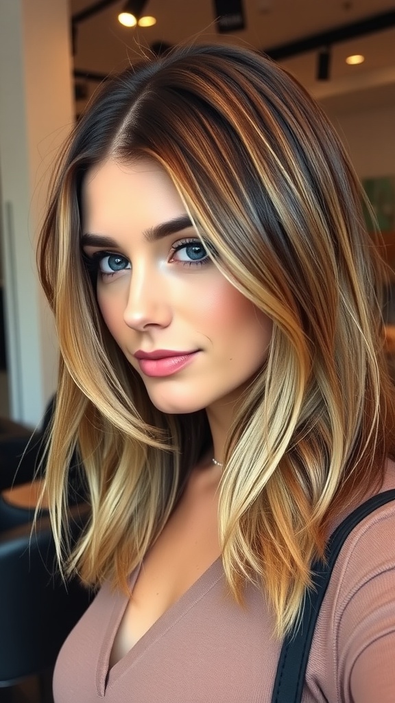 A young woman with layered lob hairstyle and balayage highlights, smiling at the camera