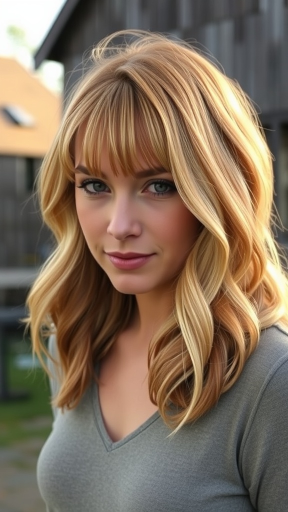 Woman with a layered lob hairstyle and feathered bangs, looking stylish.