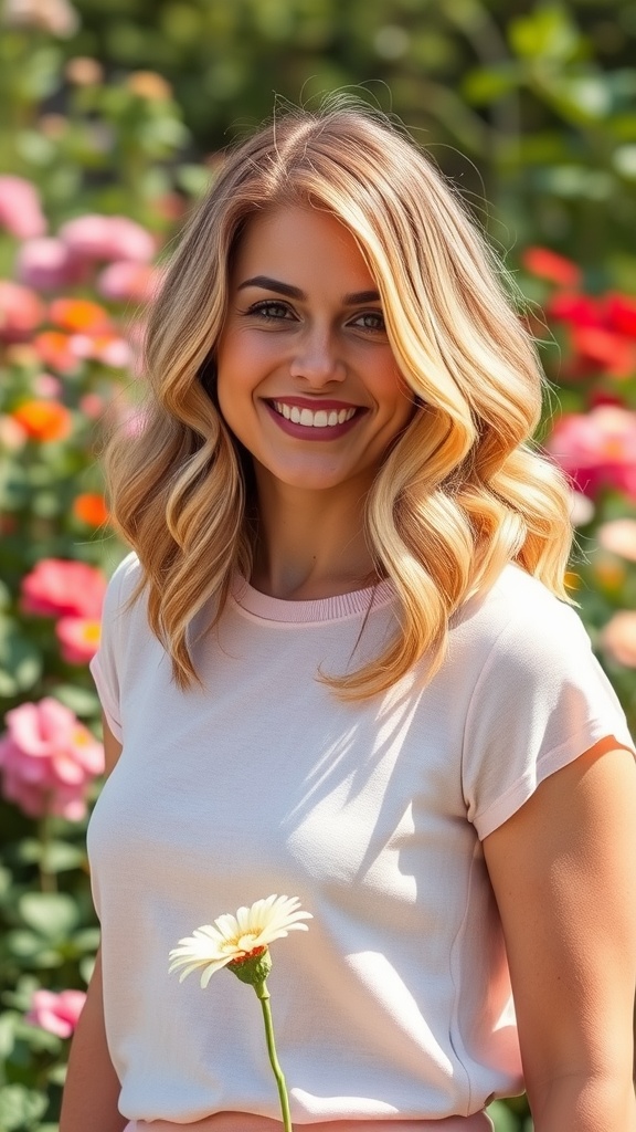 A woman with layered lob hairstyle featuring soft curls, smiling in a flower garden, holding a daisy.