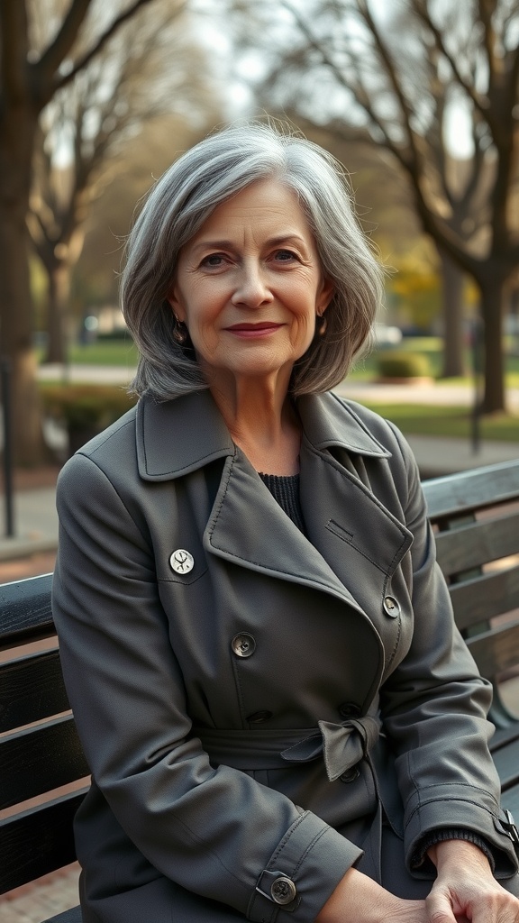 A woman with layered lob hairstyle and soft flicks, wearing a gray trench coat, sitting on a bench in a park.