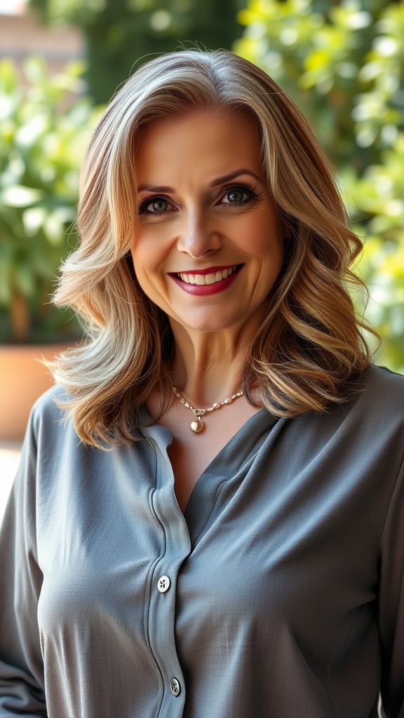 A woman with medium length layered lob hairstyle with soft waves, smiling in a casual outfit.