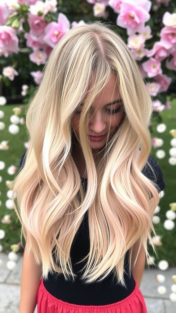 A woman with layered lob hairstyle featuring subtle pink tint, standing in front of pink flowers.