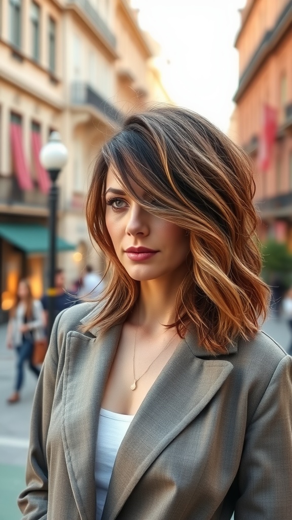 A woman with layered lob haircut and textured waves, wearing a stylish blazer, in an urban setting.