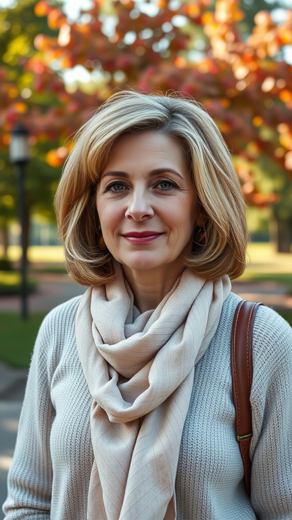 A woman with layered lob hairstyle and a voluminous crown, wearing a light sweater and scarf, posed outdoors.