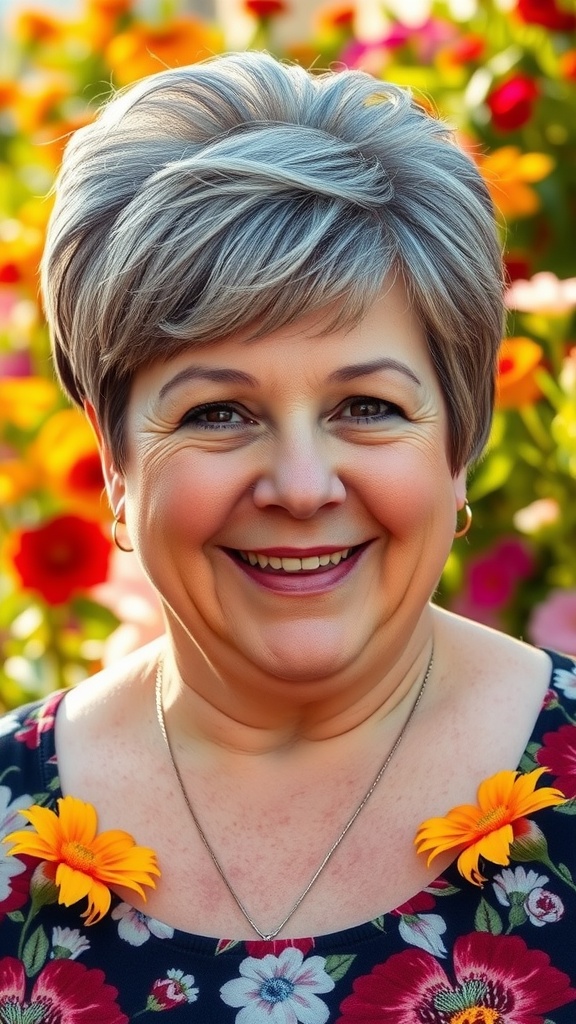 A woman with a layered pixie cut, smiling in front of colorful flowers.