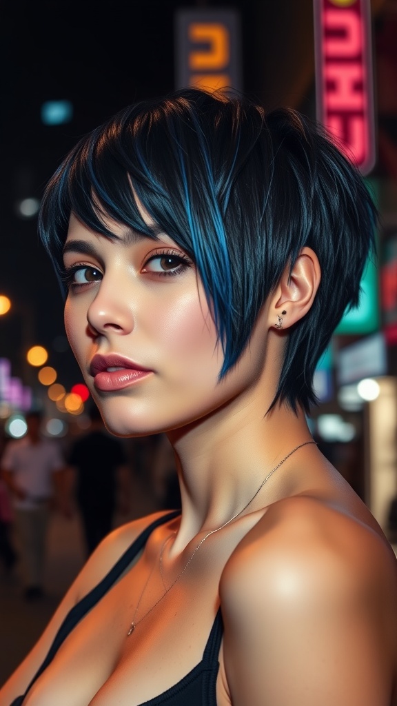 A young woman with a layered razor cut shag hairstyle, featuring dark hair with blue highlights.