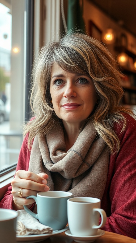 A woman with layered shag cut and wispy fringe sitting in a café, holding a cup of coffee.