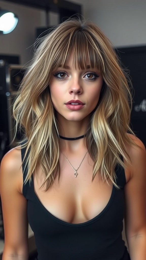 A woman with layered shag haircut and curtain bangs looking stylish