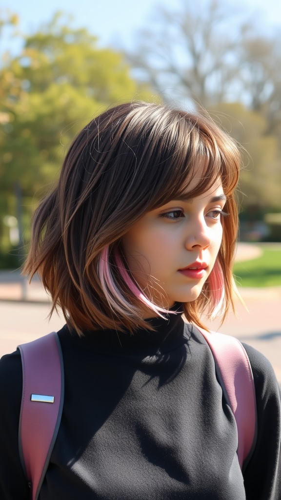 A woman with a layered shag haircut featuring peekaboo pink highlights, wearing a black top and a backpack, with a park background.
