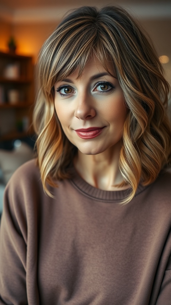 A woman with layered shag haircut and side bangs smiling softly, wearing a brown sweater.
