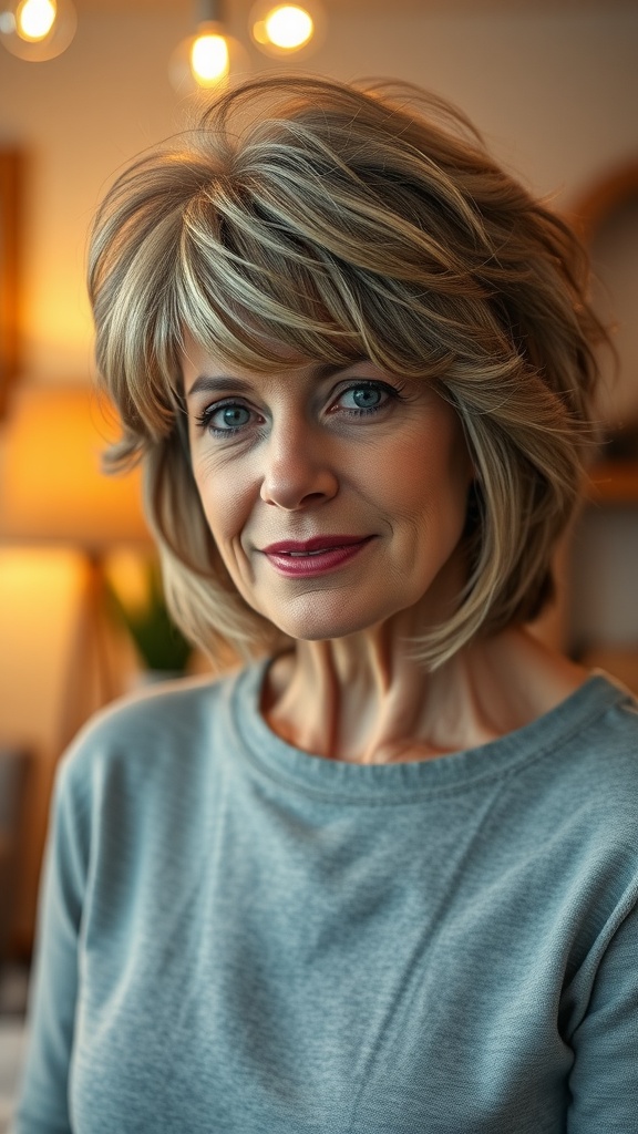 A woman over 60 with a layered shag hairstyle, featuring a tousled crown, smiling softly.