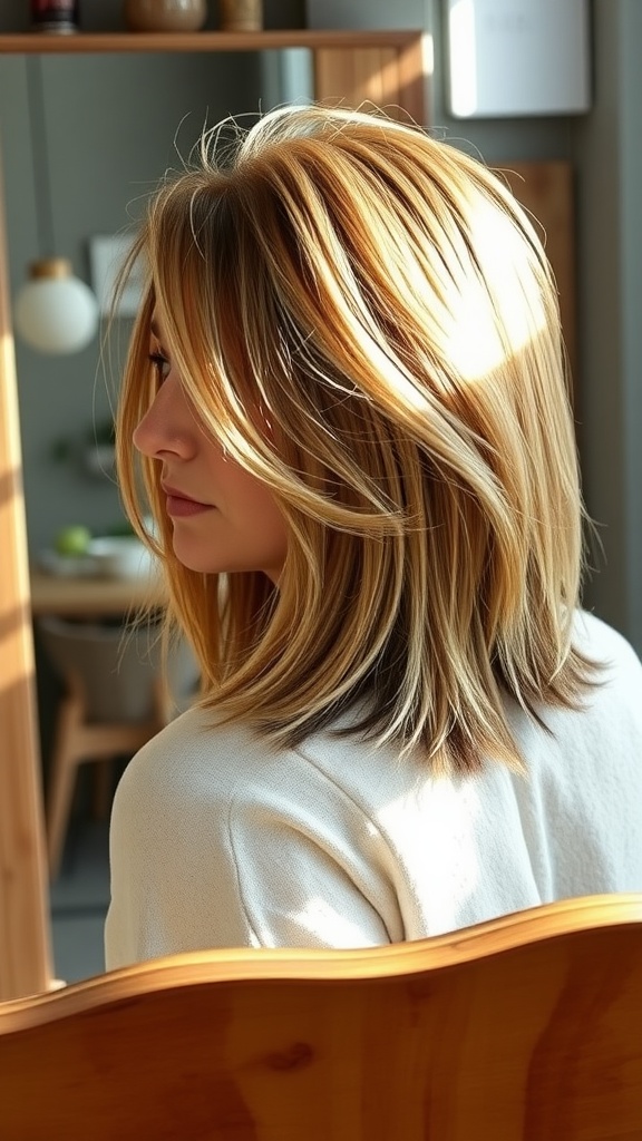 A woman showcasing a layered shaggy bob haircut with feathered tips, featuring golden blonde hair and a relaxed style.
