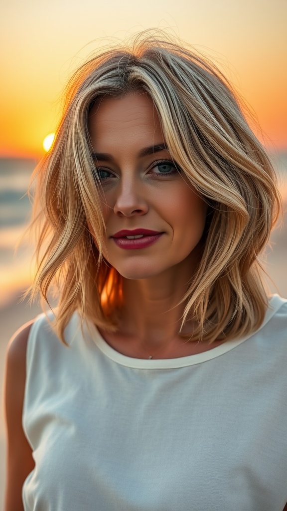 A woman with a layered shaggy bob haircut and sunkissed highlights, smiling at sunset by the beach.