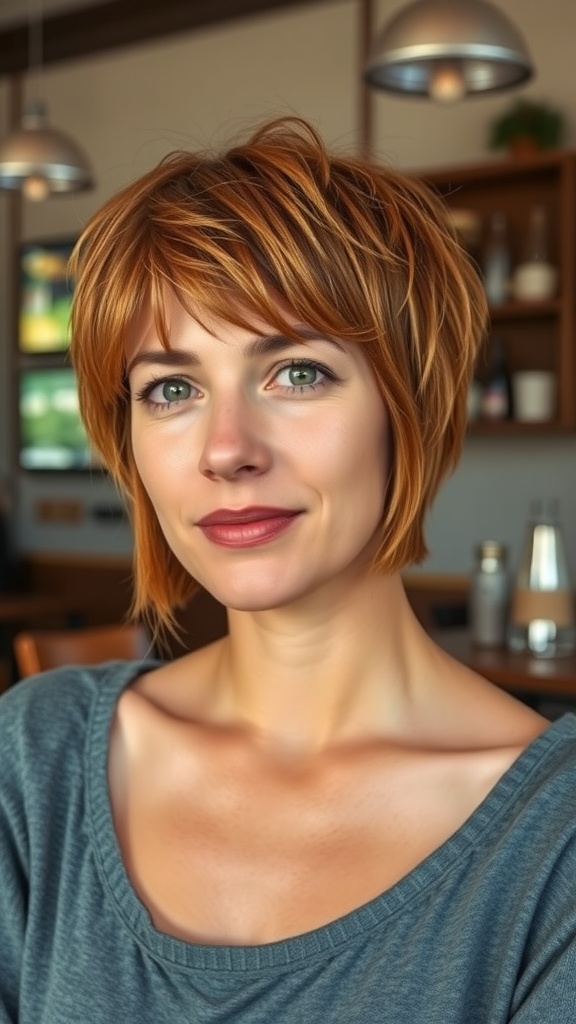 A woman with a layered shaggy pixie haircut, sitting indoors with a casual look.