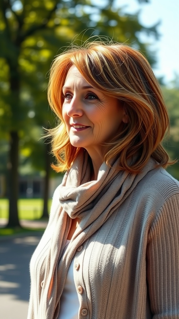 A woman with a layered shoulder-length haircut and highlights, smiling outdoors.