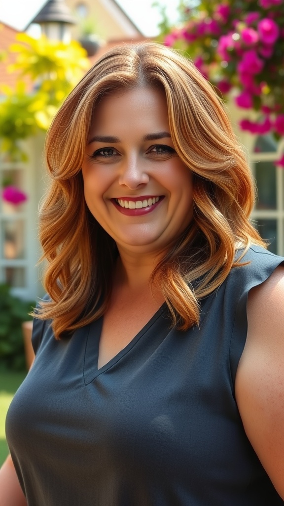 A woman with shoulder-length layered waves smiling in a garden with flowers.