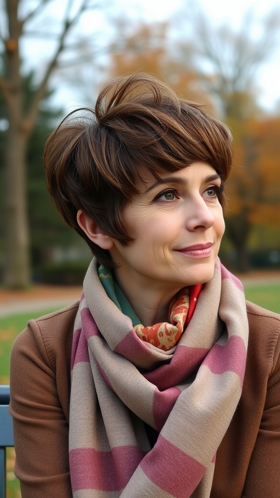 A woman with a layered tapered pixie cut, wearing a stylish scarf, smiling outdoors