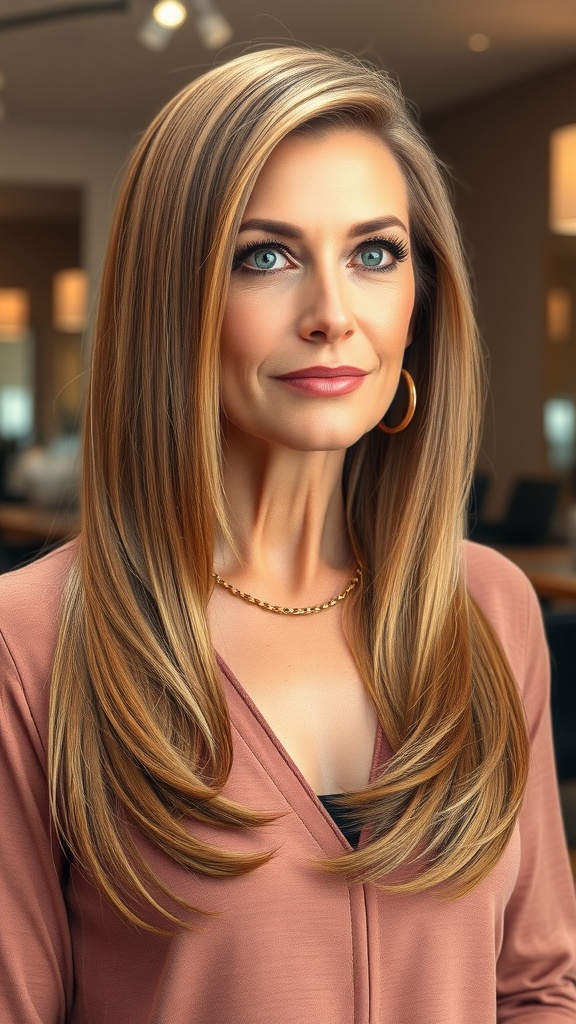 A woman with long layered hair in a V-cut style, showcasing a modern and stylish look.
