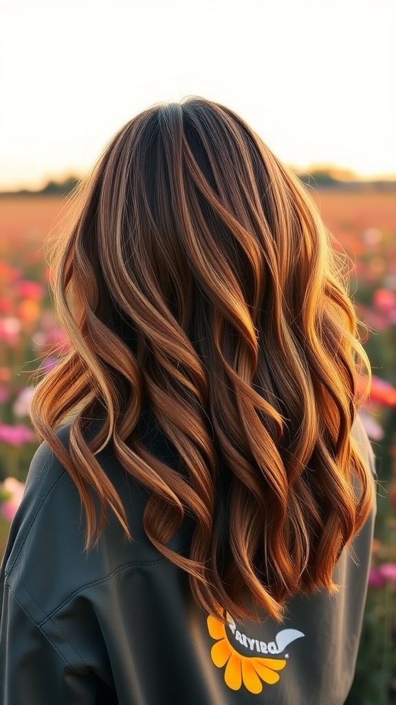 Layered V-Cut hairstyle with loose waves and highlights