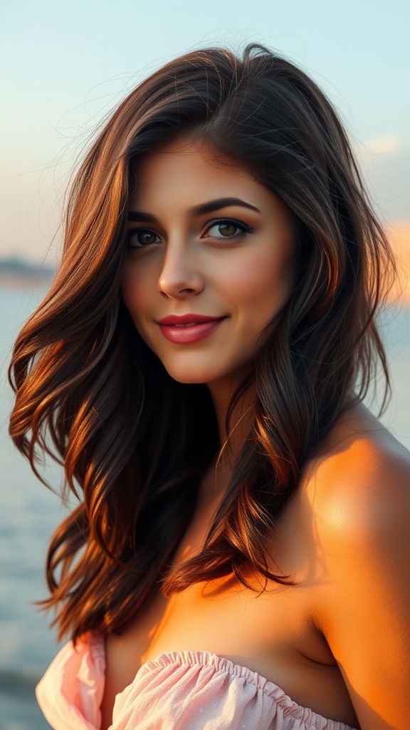 A woman with medium-length layered hair styled in soft waves, featuring side-swept bangs, with a warm sunset backdrop.