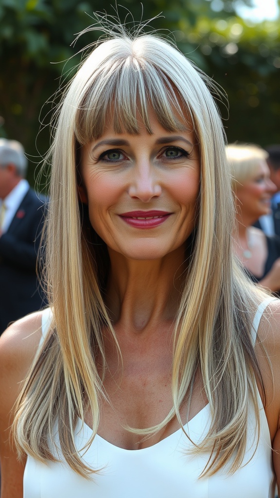 Woman with long straight hair and soft bangs, looking confident and elegant.