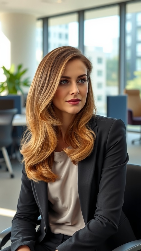 A woman with long asymmetrical bob haircut and highlights, wearing a suit, sitting in a modern office.
