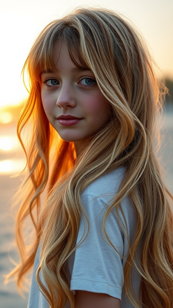 Teen girl with long beachy waves and curtain bangs, standing by the beach at sunset.