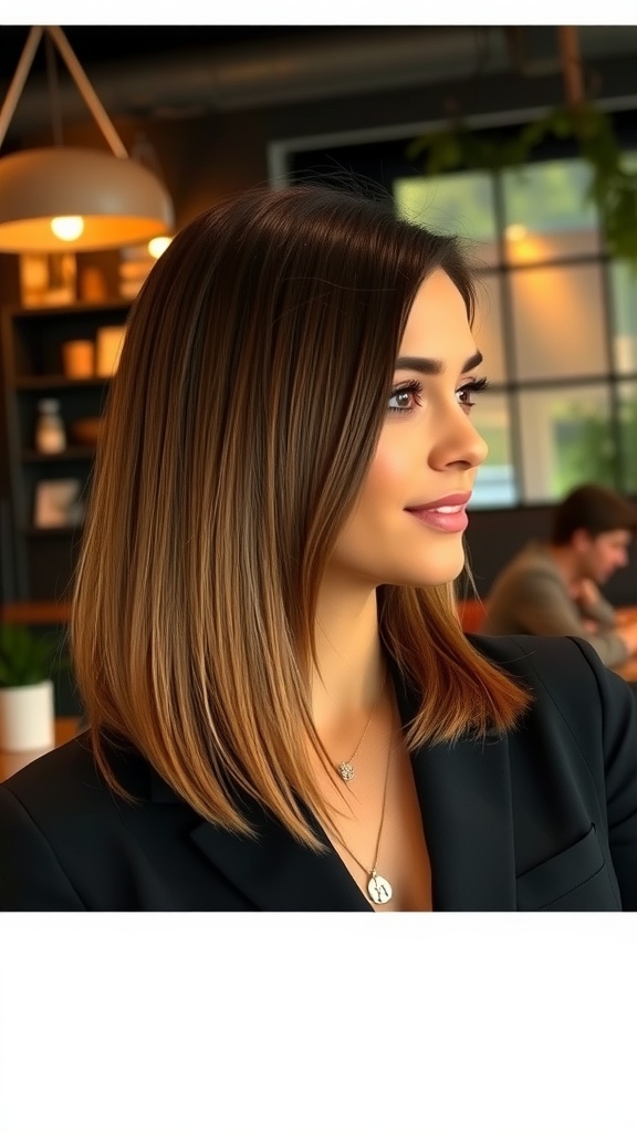 A woman with a long bob haircut featuring a deep side part, showcasing a modern and stylish look.