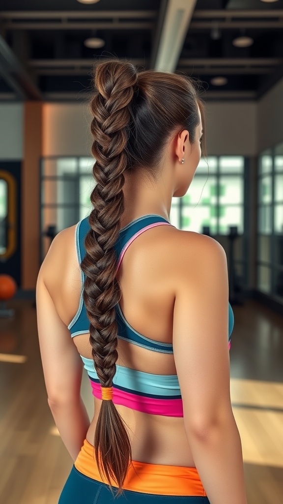 A woman with a long braided ponytail in a gym setting, wearing colorful athletic wear.