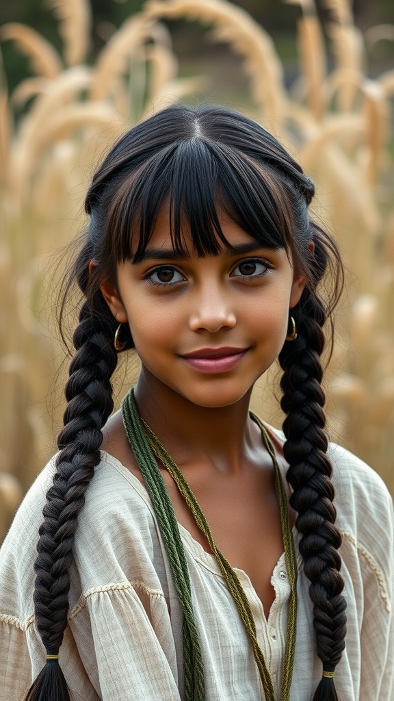 A girl with long braids and fringe bangs standing in a field