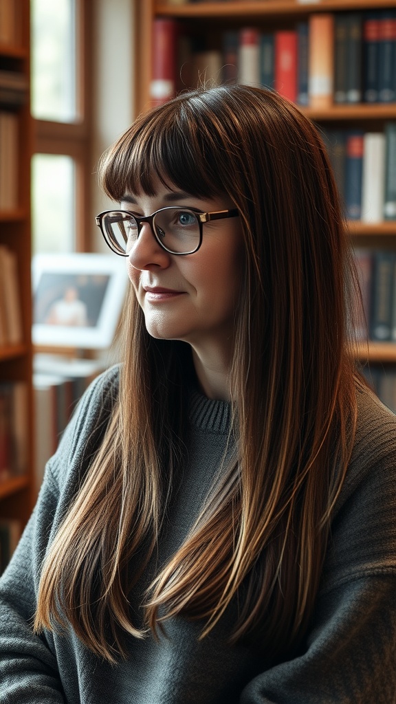 Woman with long hair and blended curtain bangs, wearing glasses, sitting in a library