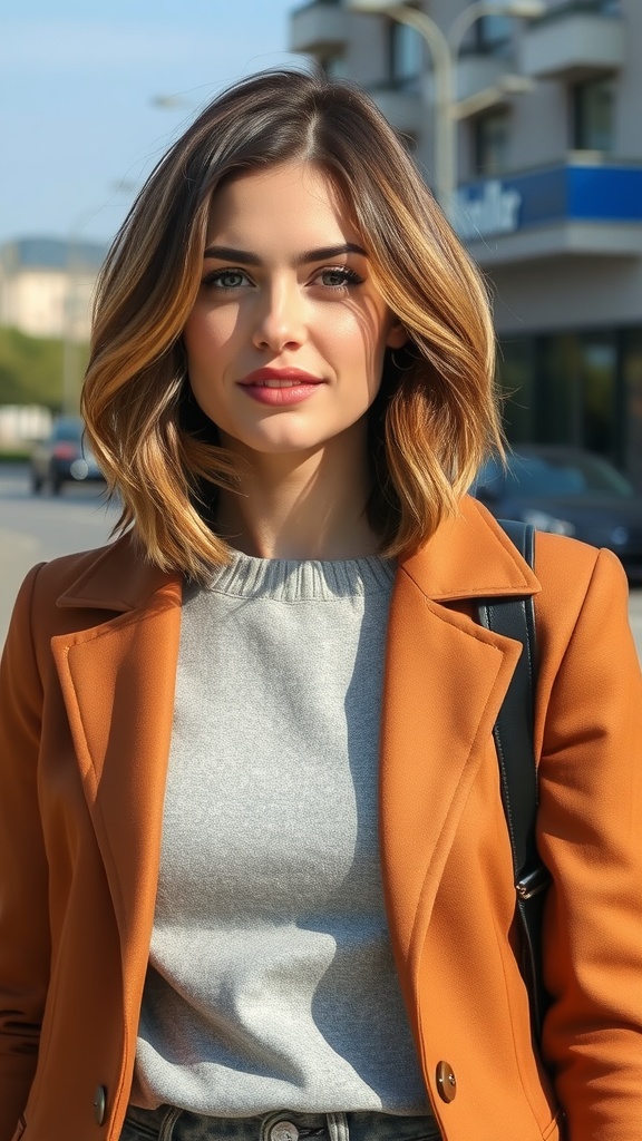 Woman with a long layered bob hairstyle, wearing an orange blazer and gray sweater