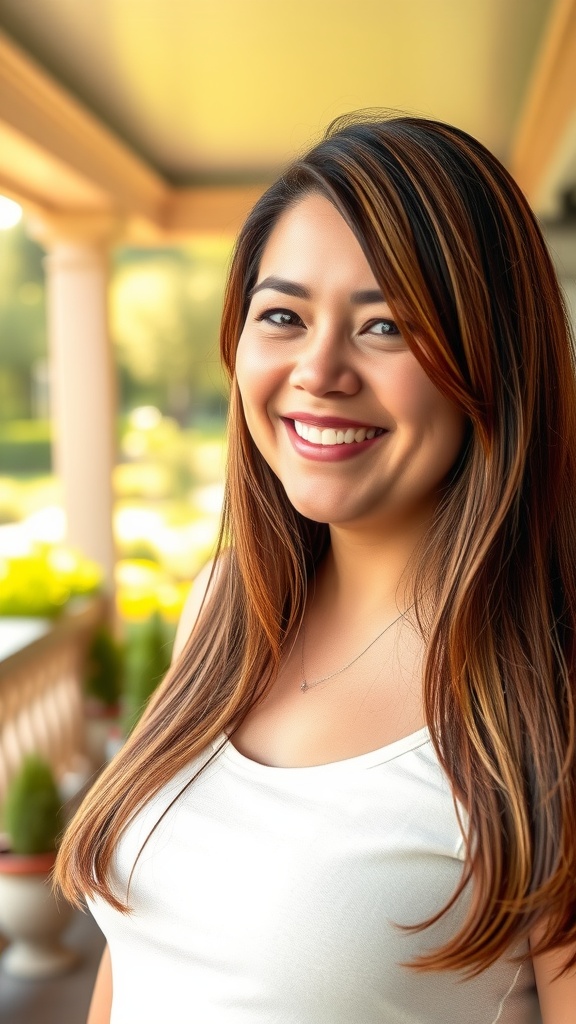 A woman with long layered hair and face-framing highlights, smiling in a garden setting.