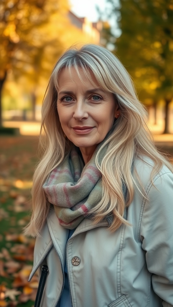 A woman with long layered hair and feathered bangs, wearing a light coat and scarf, standing outdoors among autumn leaves.