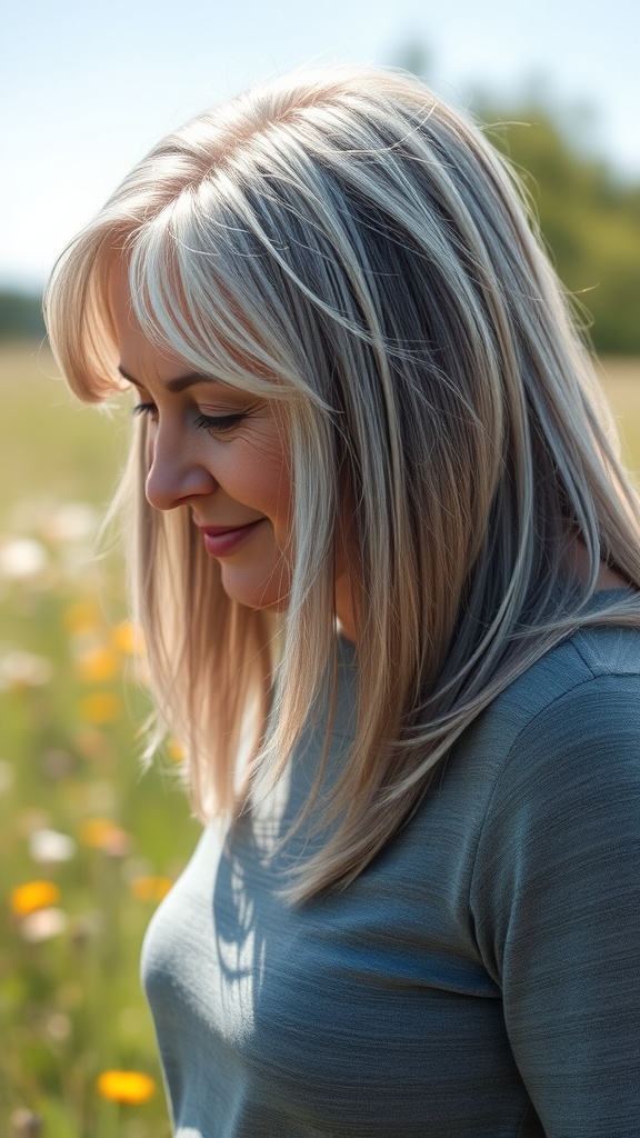 Woman with long layered shag hairstyle and wispy ends, smiling in a field of flowers.