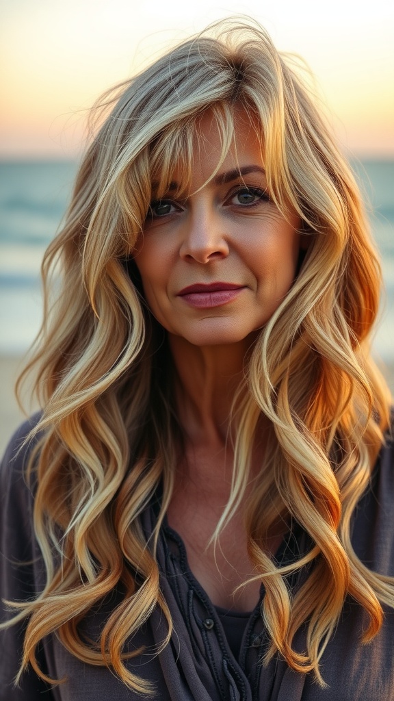 A woman with long layered waves and soft fringe, showcasing a stylish hairstyle perfect for women over 50.