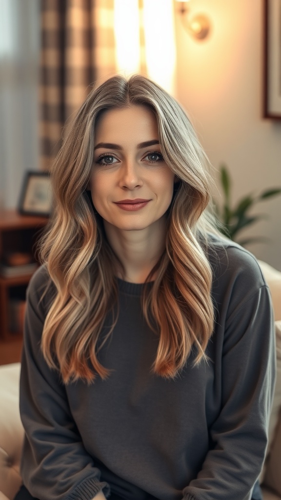 A woman with long layered hair styled in subtle waves, looking relaxed and natural.