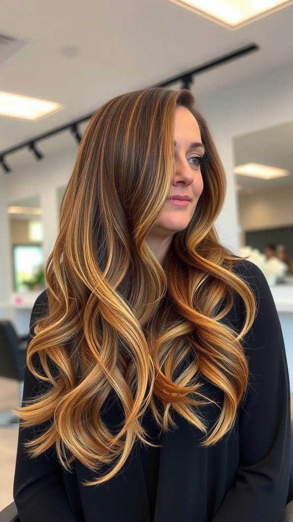 Woman with long layered hair and chunky highlights, showcasing a stylish look.