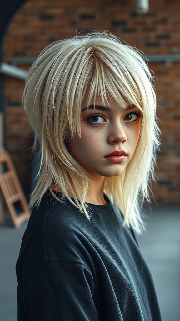 A girl with a long pixie cut and short fringe, showcasing a modern hairstyle.