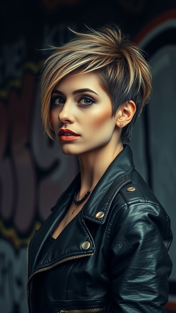 A woman with a long pixie haircut and side bangs, wearing a black leather jacket, looking confidently at the camera.