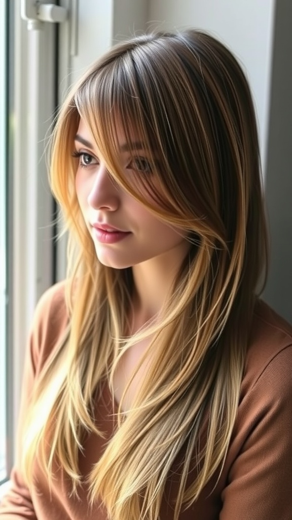 A woman with long shag haircut featuring face-framing layers, looking out a window.