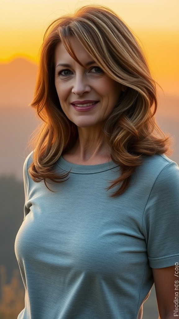 A woman with long shag haircut featuring feathered ends, smiling against a sunset background.
