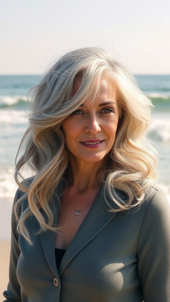 A woman with long shag hairstyle and loose curls stands by the beach, exuding confidence and style.