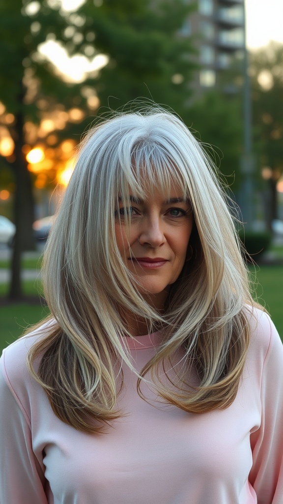 A woman with long shag hairstyle and side part, showcasing layers and soft waves.