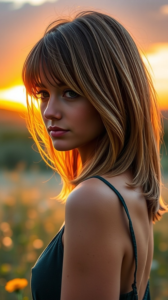 A woman with long shag haircut and swoopy bangs, outdoors during sunset
