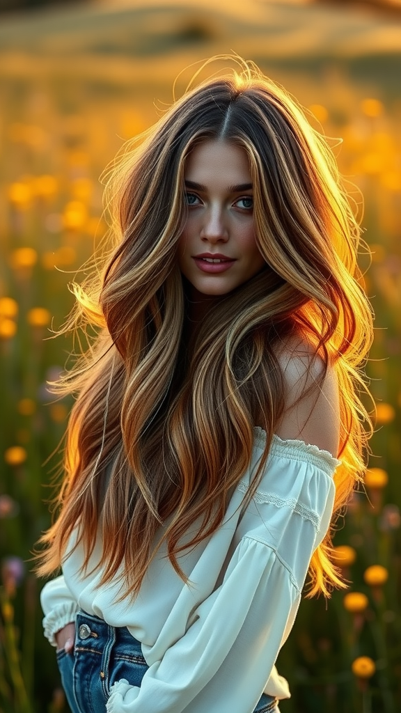 A woman with a long shaggy bob and voluminous waves, standing in a field of flowers at sunset.