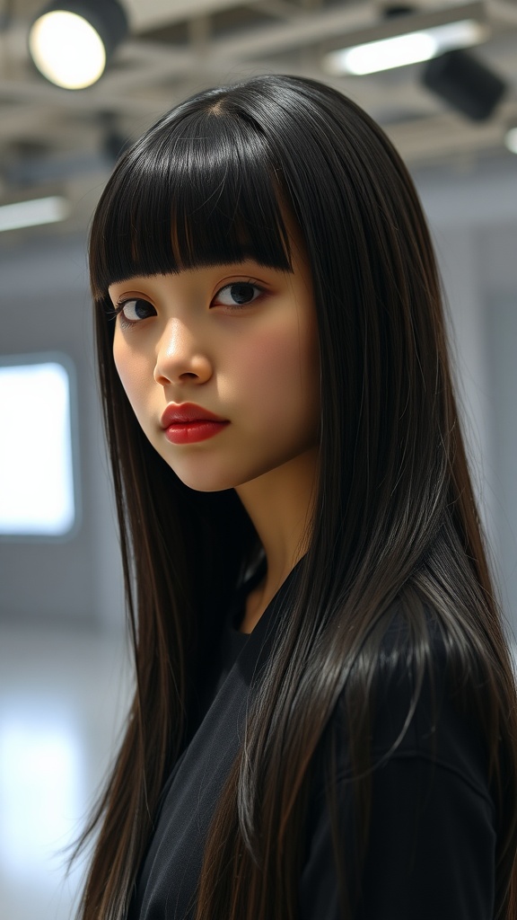Teen girl with long straight hair and micro curtain bangs.