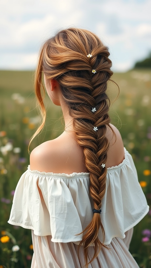 A woman with a loose bohemian braid adorned with small flowers, standing in a field of wildflowers.