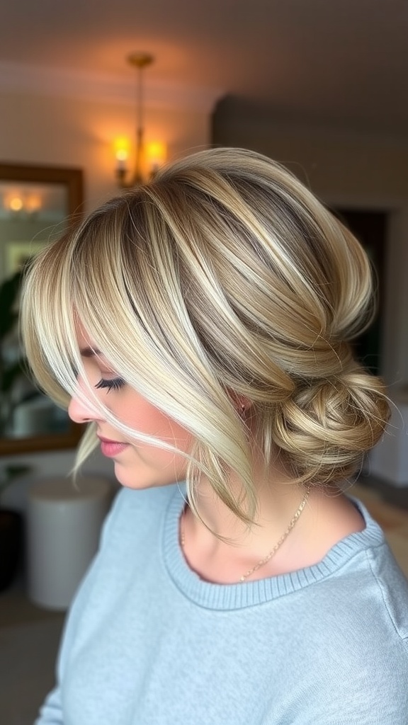 A woman with a loose bun hairstyle and face-framing strands, showcasing medium-length hair.