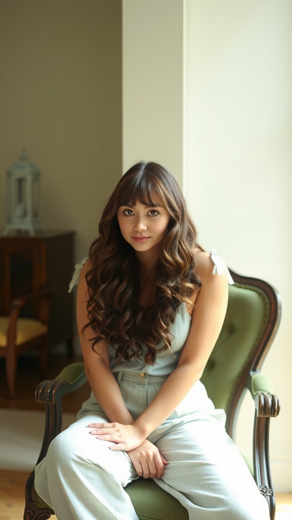 A woman with loose curls and bangs seated on a green chair, showcasing a playful hairstyle.